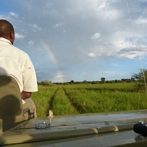 Spotter sitting at front of safari vehicle, in wetland habitat with rainbow, Okavango Delta, Botswana