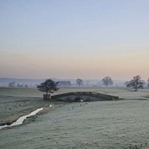 View of arched bridge over beck flowing through parkland at dawn, Hovingham Park, Hovingham, North Yorkshire, England