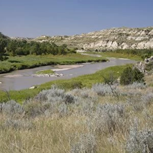 View of river flowing through ranch country, Little Missouri River, Badlands, North Dakota, U. S. A. august