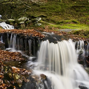 Waterfalls on stream Nant Dolfolau tumbling down hillside into Garreg Ddu Reservoir, Elan Valley, near Rhayader, Powys