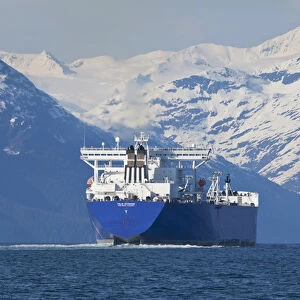 Alaska, Prince William Sound, an empty oil tanker, enters Valdez Narrows inbound