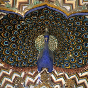 Asia, India, Jaipur. Archtiectural detail of Peacock Gate at Jaipur Palace