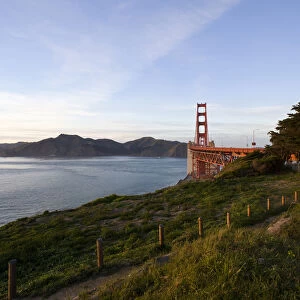 Bay Trail path leading to the Golden Gate Bridge with the Marin Headlands in the distance