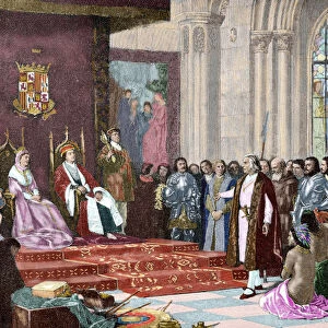 The Catholic Kings receiving Columbus in Barcelona after his first voyage. April 1493
