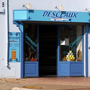 Desclaux Anchois anchovies factory and shop, house painted with advertising in blue and white