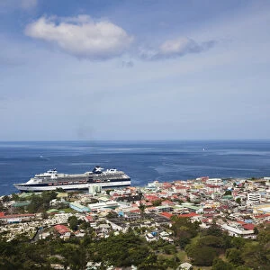 Dominica, Roseau, elevated town view with cruiseship