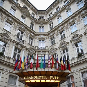 Europe, Czech Republic, The entrance of Grand Hotel Pupp in Karlovy Vary