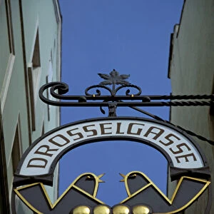 Europe, Germany, Hessen, Rudeshein Am Rhine. Tourist street signage