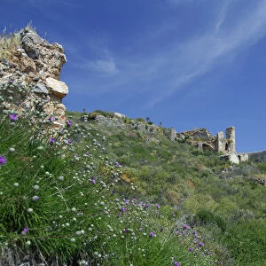 Europe, Greece, Peloponnese, Monemvasia (single entrance). Mountain top view of medieval