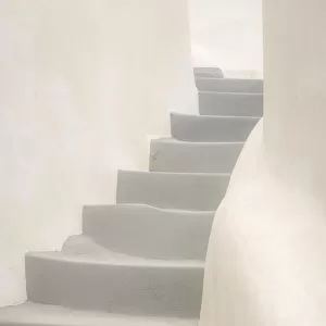 Europe, Greece, Santorini, Thira. White stairway and walls