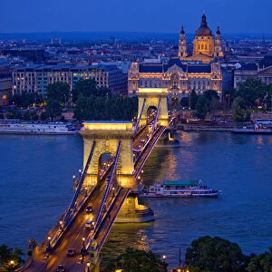 Europe, Hungary, Budapest. Chain Bridge lit at night