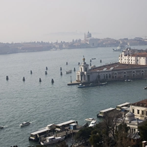 Europe, Italy, Venice. View of Basilica Santa Maria della Salute and Grand Canal from the Campanile
