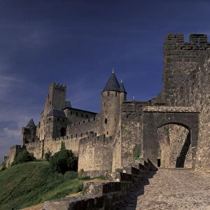 France, Languedoc, Aude, Carcassone Medieval city walls from the West - late afternoon