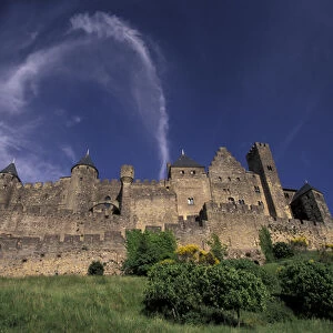 France, Languedoc, Aude, Carcassonne Medieval city walls from the West - late
