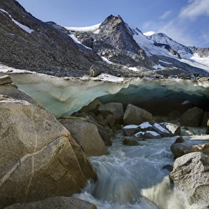 The glacier snout with ice cave of Viltragenkees in the National Park Hohen Tauern
