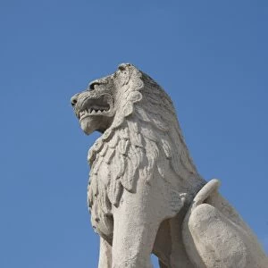 Hungary, capital city of Budapest. Castle Hill, lion statue at the Fishermans Bastion
