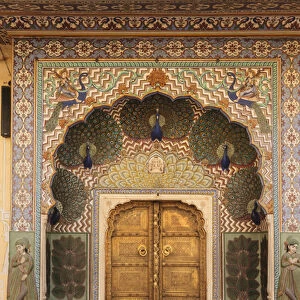 India, Rajasthan, Jaipur, Peacock door at City Palace