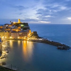 Italy, Tuscany. Hillside town of Vernazza in the evening, Cinque Terre, Liguria region