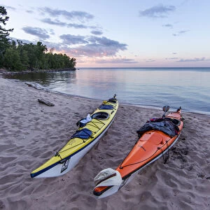 Kayaks on sand beach at York Island on the Apostle Islands National Lakeshore, Wisconsin