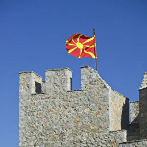 MACEDONIA, Ohrid. Macedonian Flag atop Car Samoils Castle