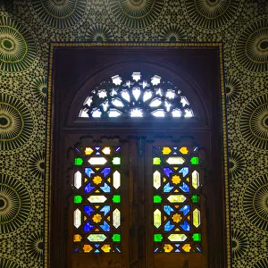 Marrakech, Morocco, Moroccan stained glass wooden door