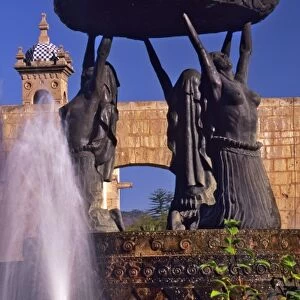 Mexico, Michoacan, Morelia. The Tarascan Fountain, featuring Tarascan women