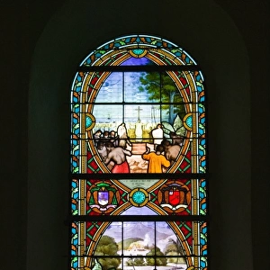 New Caledonia, Northern Grande Terre Island, Balade. Stained glass window commemorating
