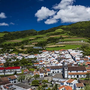 Portugal, Azores, Sao Miguel Island, Agua de Pau. Elevated town view from Monte Santos