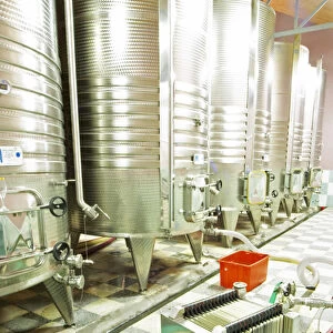 Stainless steel fermentation tanks with cooling coils on the outside. Plate cellulose