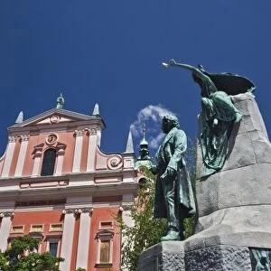 Statue of France Preseren, a Slovenian poet and national hero, and baroque-style