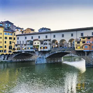 Sunset Arno River, Ponte Vecchio, Florence, Tuscany, Italy. Bridge originally built in Roman times