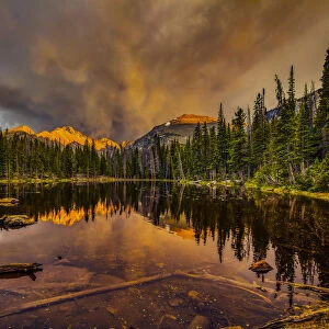 USA, Colorado, Rocky Mountain National Park. Sunset on Nymph Lake and Longs Peak