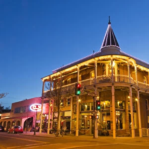 The Weatherford Hotel at dusk in historic downtown Flagstaff, Arizona, USA