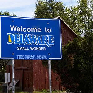 Welcome to Delaware road sign, the first state that was ratified in 1787
