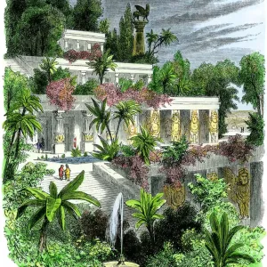 Hand-colored woodcut print of the Hanging Gardens of ancient Babylon Hand-colored woodcut print of the Hanging Gardens of ancient Babylon