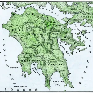 Hand-colored woodcut print of the Peloponnesus region in ancient Greece Hand-colored woodcut print of the Peloponnesus region in ancient Greece