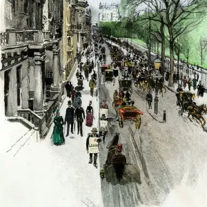 Hand-colored woodcut Print of Piccadilly Street Scene Hand-colored woodcut Print of Piccadilly Street Scene