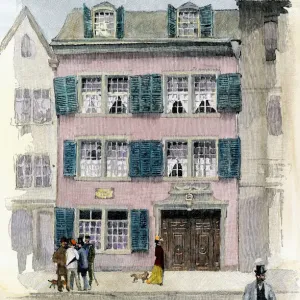 Hand-colored engraving print of Beethoven's birthplace in Bonn Hand-colored engraving print of Beethoven's birthplace in Bonn