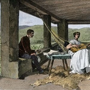 Young Hispanic couple at their ranch, 1800s