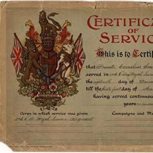 Royal Sussex Regiment Certificate of Service 1907 / 1908