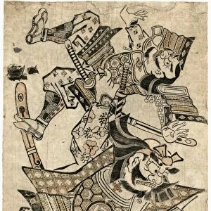 (1155-1189). Japanese warrior monk. Benkei fighting another warrior. Woodcut by Masanobu Okumura, early 18th century