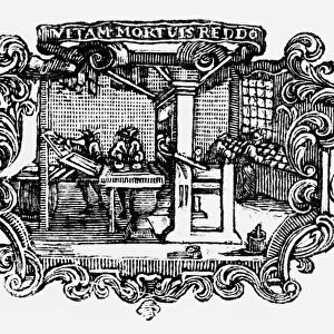 18th CENTURY PRINT SHOP. Men and women at work in a print shop in London. Woodcut