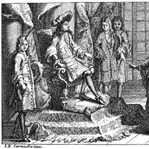 ACADEMIE FRANCAIS, 1694. King Louis XIV of France receiving a deputation from the Academie Francais. Line engraving, French, 1694