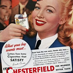 Actress Carole Landis endorsing Chesterfield cigarettes. American magazine advertisement, 1944