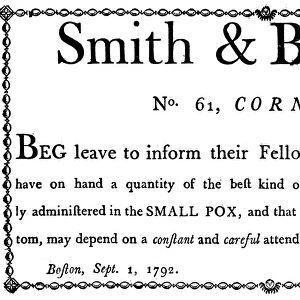 Advertisement for the Smith & Bartlett apothecary shop in Boston, Massachusetts, 1792, promoting medicines used in the treatment of smallpox