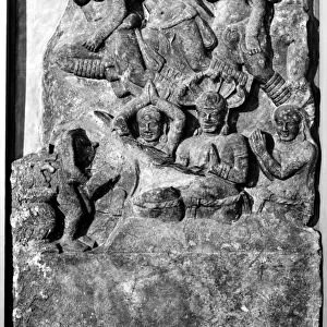 Adoration of a group of Naga, semidivine half serpent beings in Hindu and Buddhist mythology. Indian stone relief