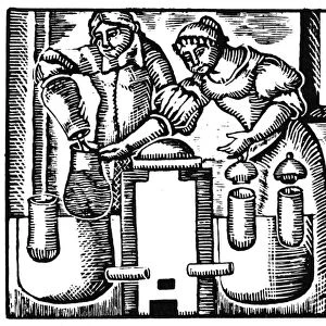 ALCHEMISTS AT WORK. Woodcut, 17th century