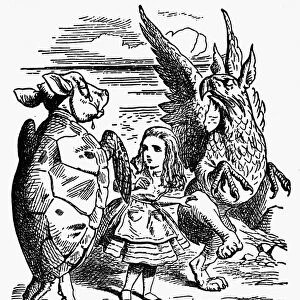 Alice with the Mock Turtle and the Gryphon. Wood engraving after Sir John Tenniel for the first edition of Lewis Carrolls Alices Adventures in Wonderland, 1865