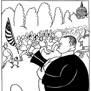 American cartoon, 1932, by Otto Soglow showing President Herbert Hoover watching the Bonus March of World War I veterans at Washington, July 1932
