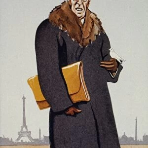 American President Woodrow Wilson in Paris for Versailles Treaty, 1919. English caricature lithograph, c1930, by Bert Thomas